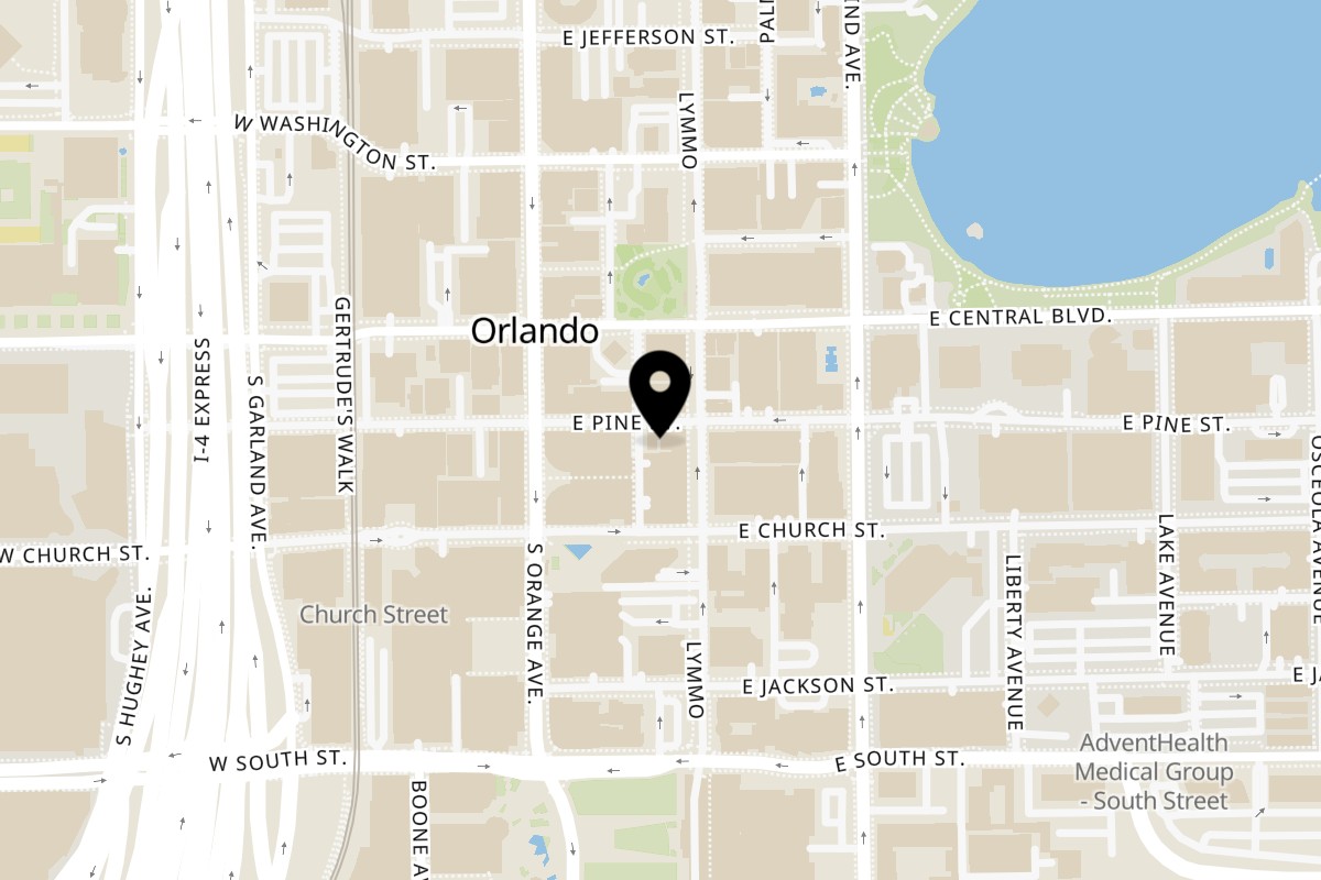 Map showing the location of Napasorn Thai Restaurant Orlando on 56 E Pine St in Orlando